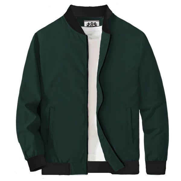 Dark Green Solid Zip-Up Bomber Jacket