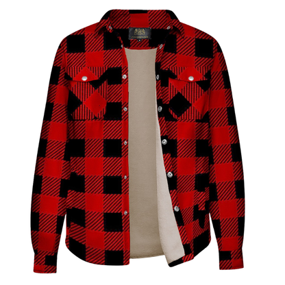 Red-Black Plaid Fleece-Lined Long Sleeve Button-Down Jacket