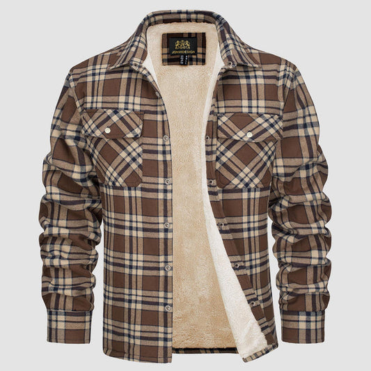 Flannel Plaid Button Shirt Lumber Jacket - Brown