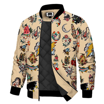 Vintage Tattoo Motif Print Quilted Lined Bomber Jacket