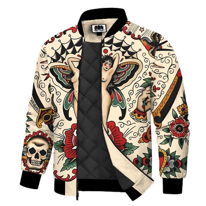 Vintage Tattoo Butterfly Print Quilted Lined Bomber Jacket