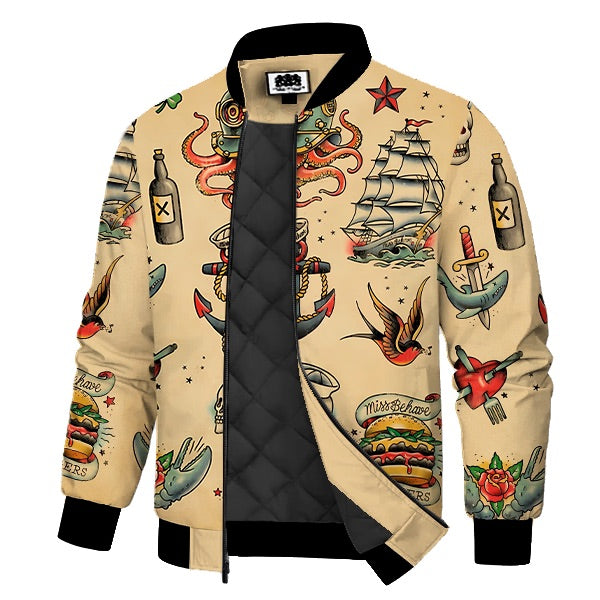 Vintage Nautical Tattoo Print Quilted Lined Bomber Jacket