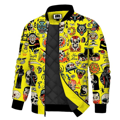 Dark Skull Demon Print Quilted Lined Bomber Jacket