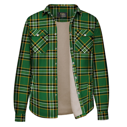 Green-Yellow Plaid Fleece-Lined Long Sleeve Button-Down Jacket