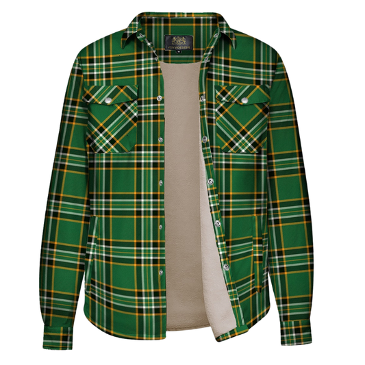 Green-Yellow Plaid Fleece-Lined Long Sleeve Button-Down Jacket