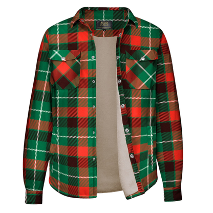 Red-Green-Brown Plaid Fleece-Lined Long Sleeve Button-Down Jacket