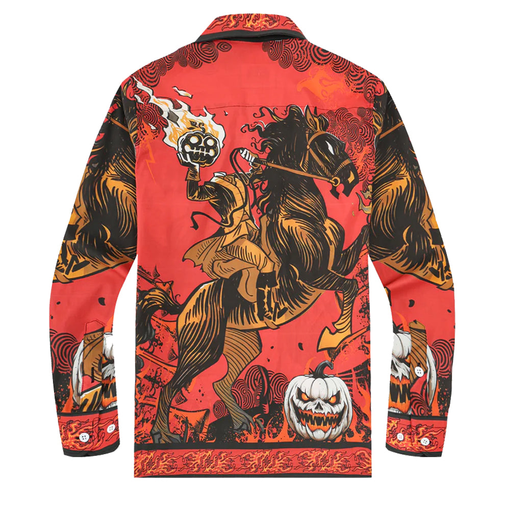 Halloween Headless Horseman Print Long Sleeve Camp Collar Shirt