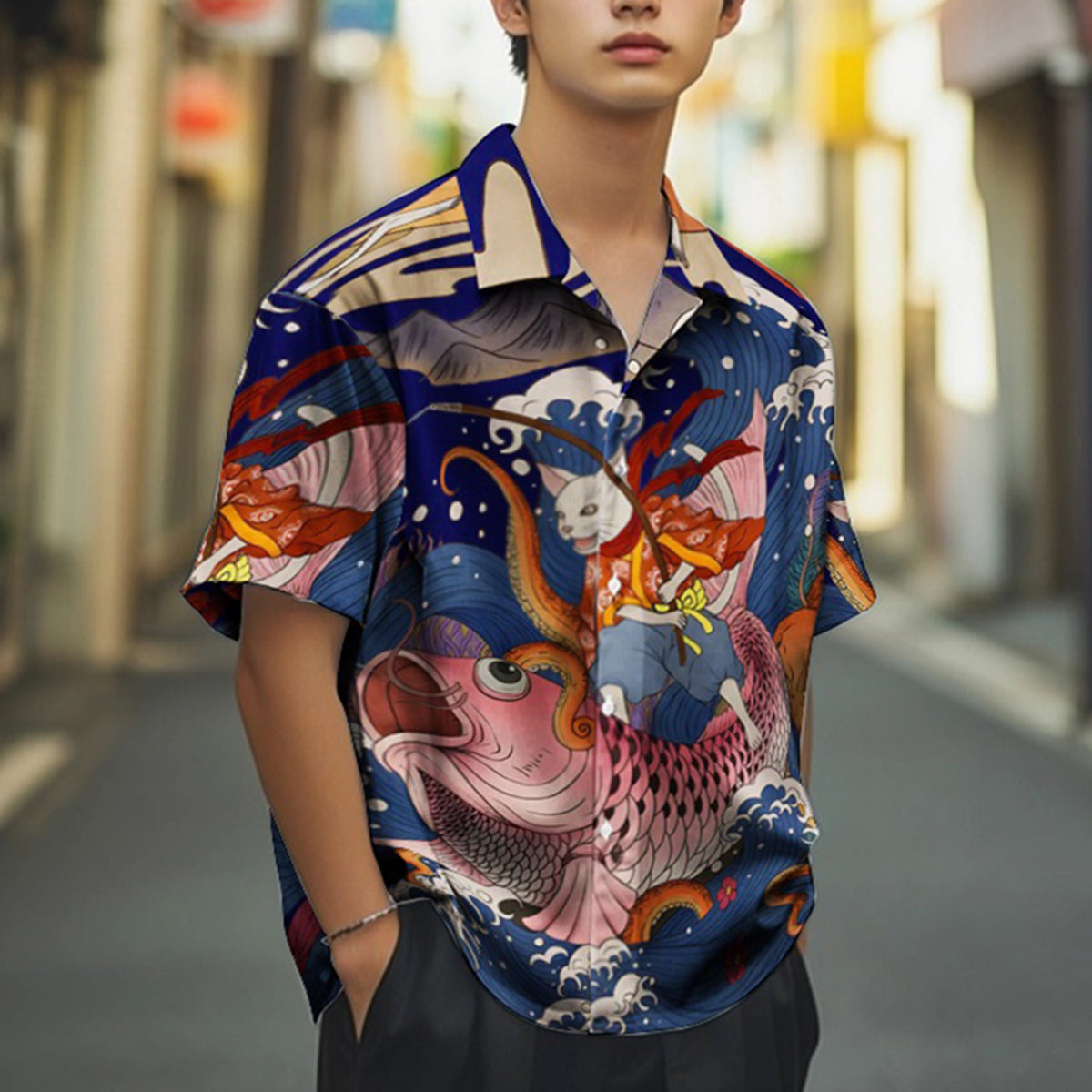 Kanagawa Sea Cat Koi Print Camp Collar Short Sleeve Shirt