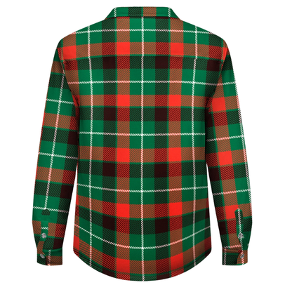 Red-Green-Brown Plaid Fleece-Lined Long Sleeve Button-Down Jacket