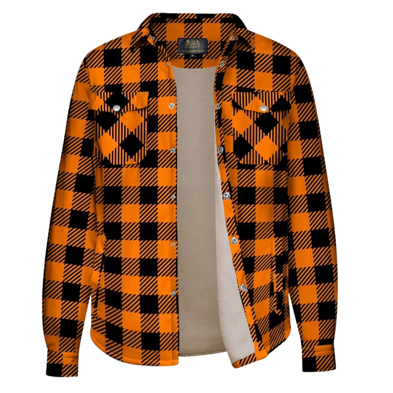 Orange-Black Plaid Fleece-Lined Long Sleeve Button-Down Jacket