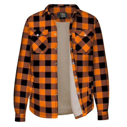 Orange-Black Plaid Fleece-Lined Long Sleeve Button-Down Jacket