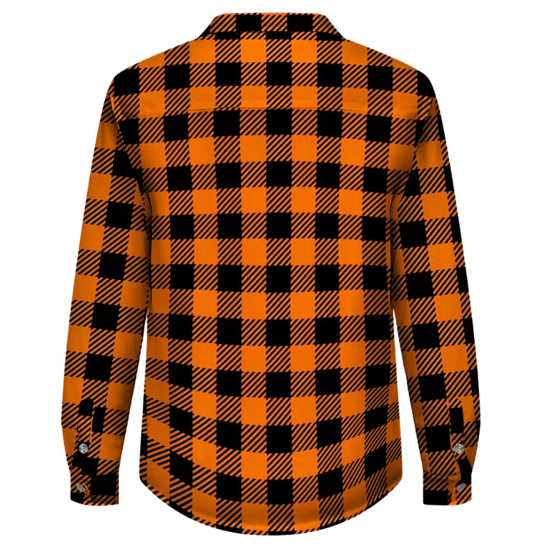 Orange-Black Plaid Fleece-Lined Long Sleeve Button-Down Jacket