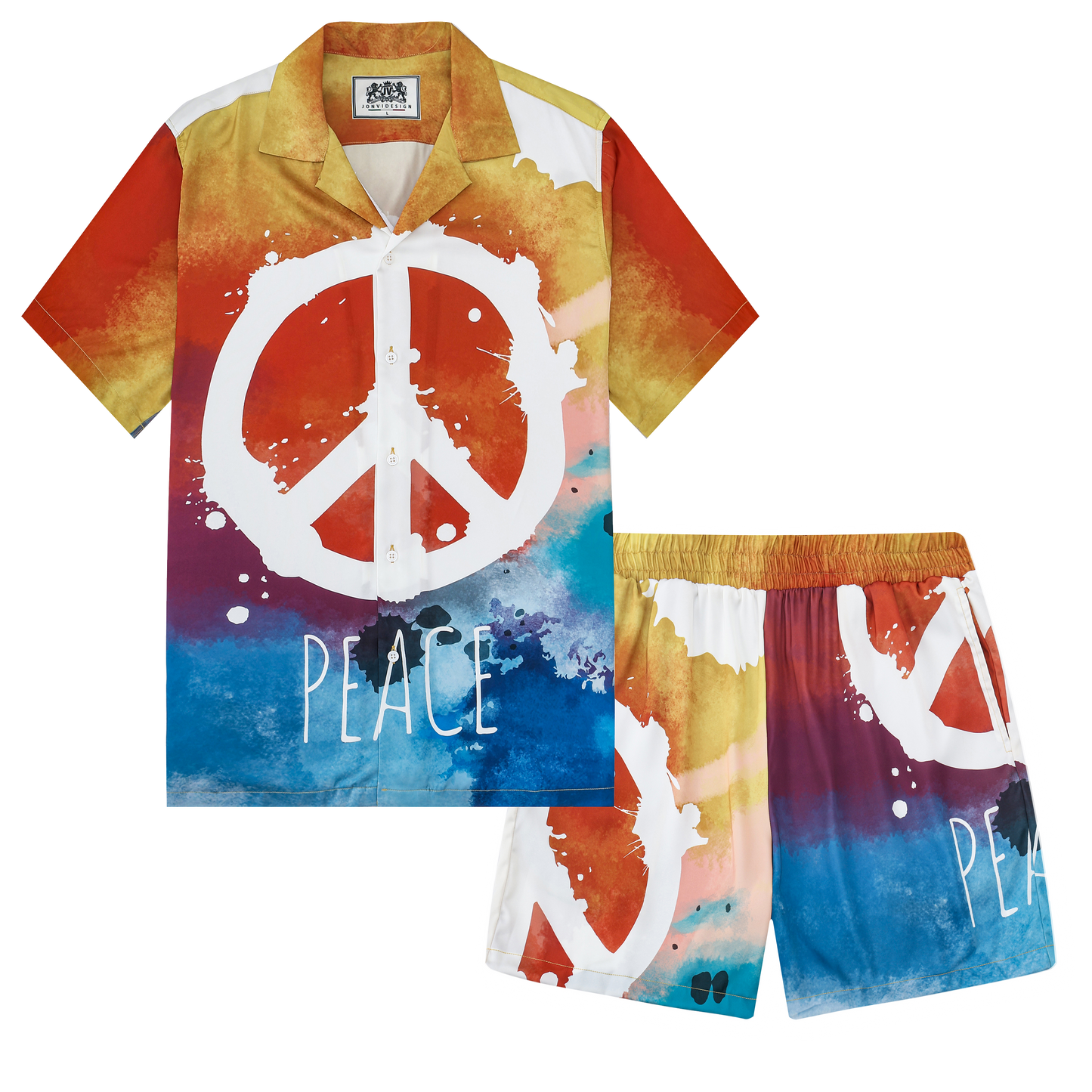 Peace Print Camp Collar Short Sleeve Shirt