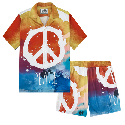 Peace Print Camp Collar Short Sleeve Shirt