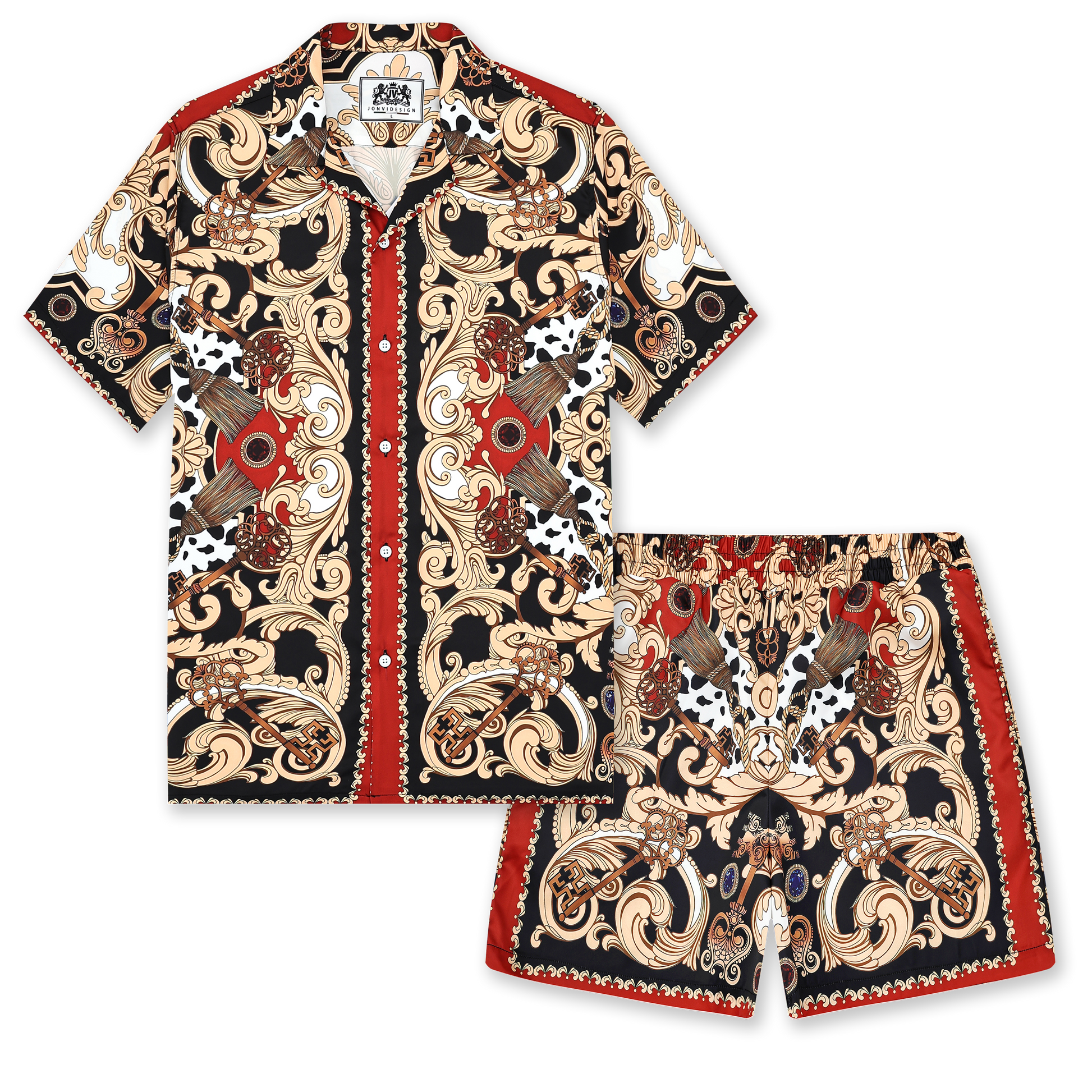 Baroque Pattern Drawstring-Free Casual Shorts in Red Jonvidesign