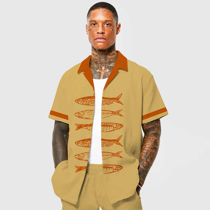 Retro Holiday Themed Fish Print Camp Collar Short-Sleeved Shirt