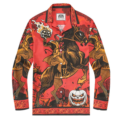 Halloween Headless Horseman Print Long Sleeve Camp Collar Shirt