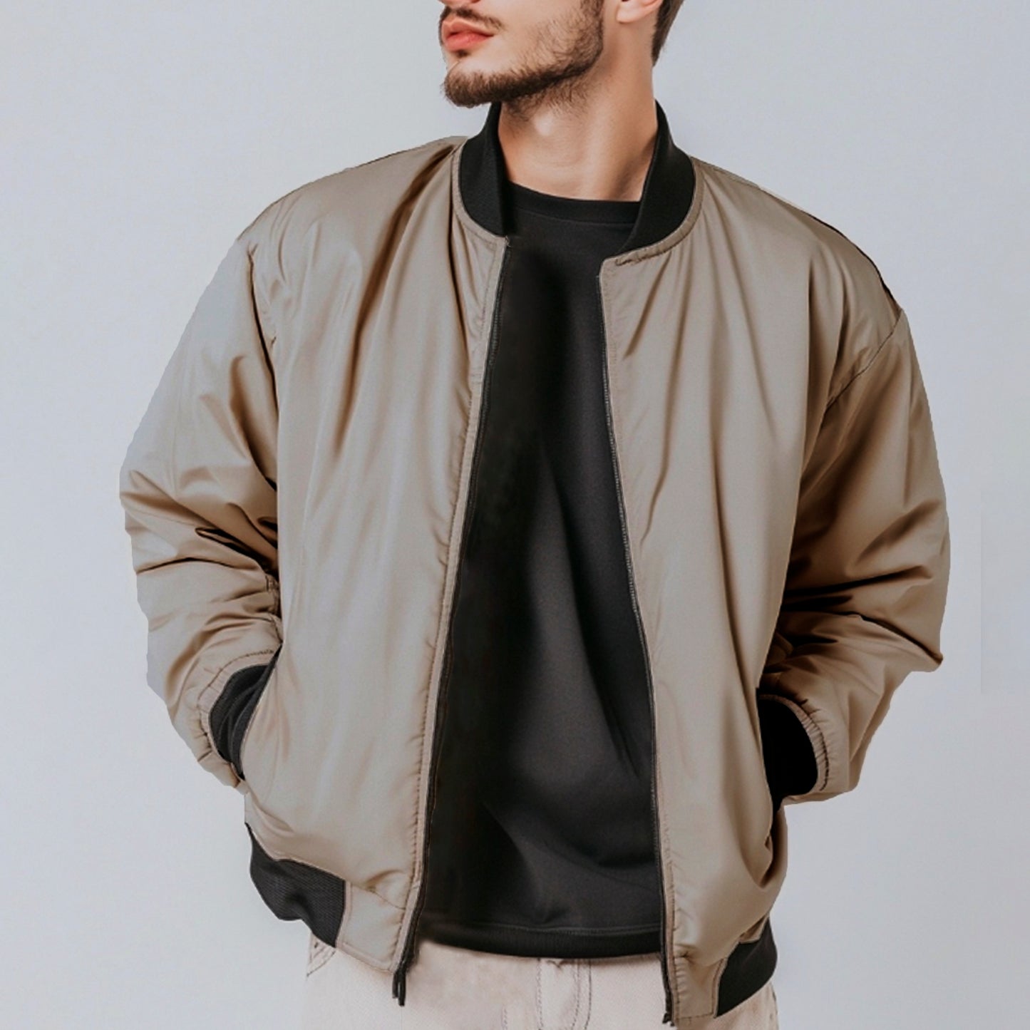 Men's  Khaki Rib Collar Bomber Jacket