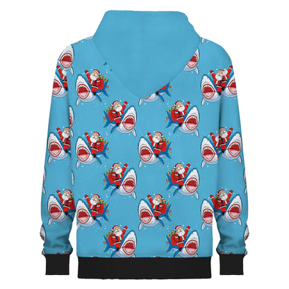 Santa Claus Riding A Shark Print Hooded Sweatshirt