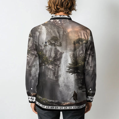 Black Myth: Wukong waterfall background Print Long Sleeve Camp Collar Shirt