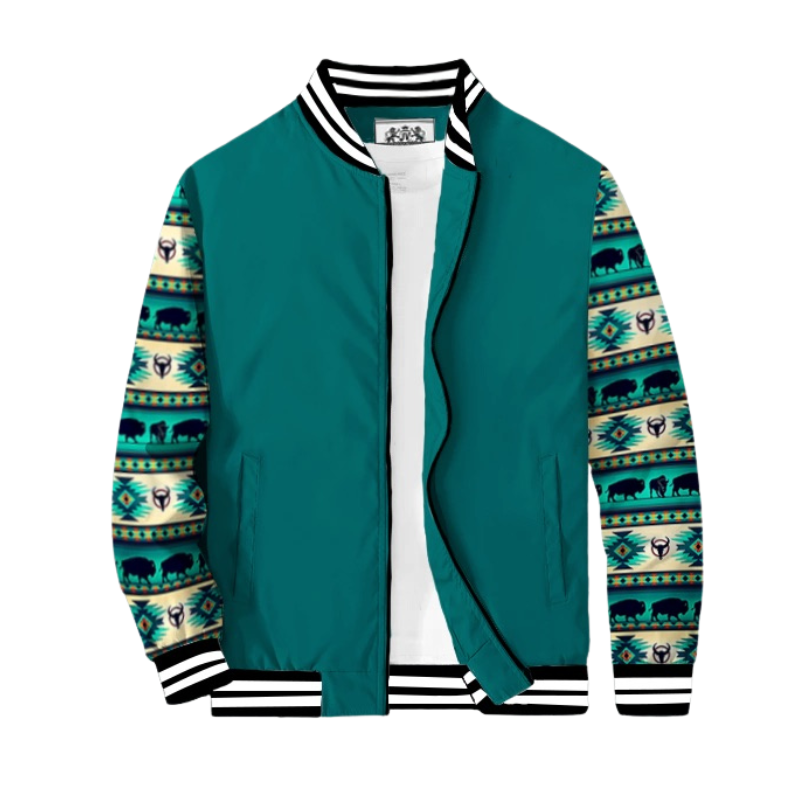 Teal Native American Style Bison Totem Paneled Bomber Jacket