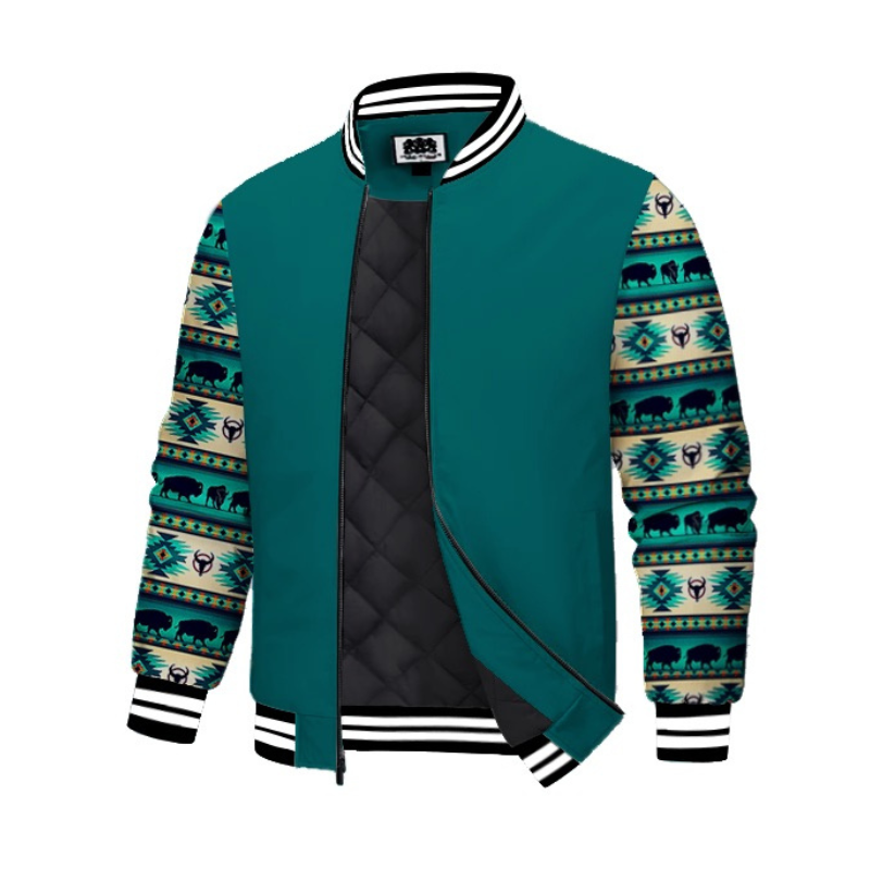 Teal Native American Style Bison Totem Paneled Bomber Jacket