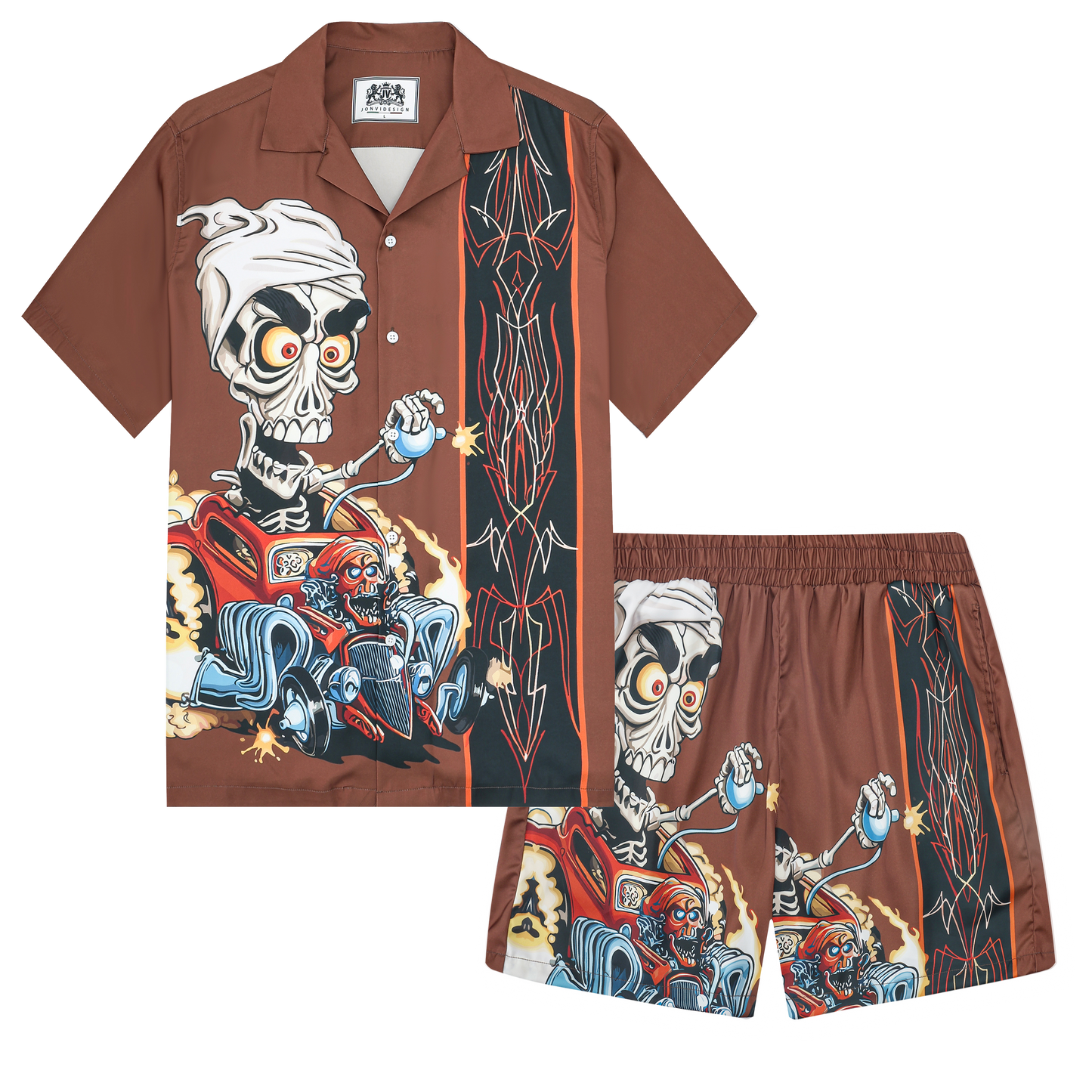 Skull Car Print Camp Collar Short Sleeve Shirt