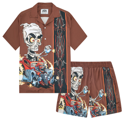 Skull Car Print Camp Collar Short Sleeve Shirt