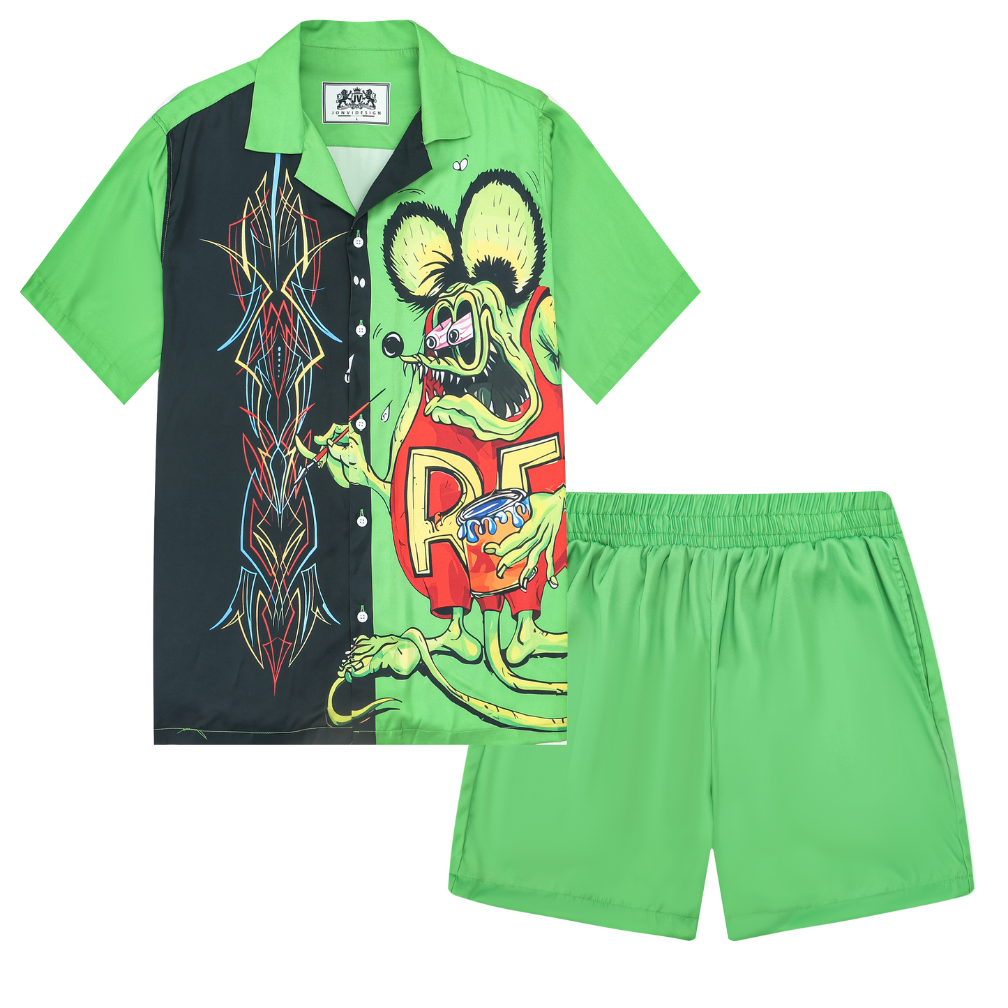 Green Mouse Print Camp Collar Short Sleeve Shirt