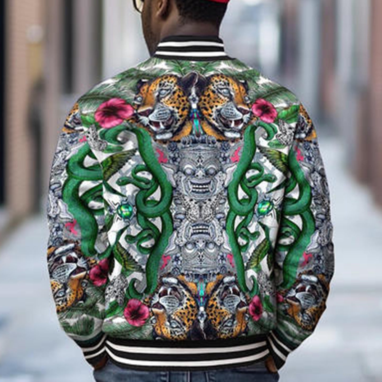 Tropical Insect Print Bomber Jacket