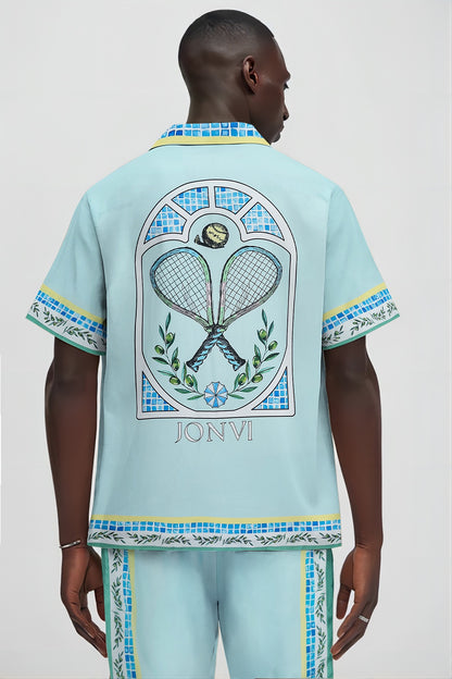 Tennis Print Camp Collar Short Sleeve Shirt