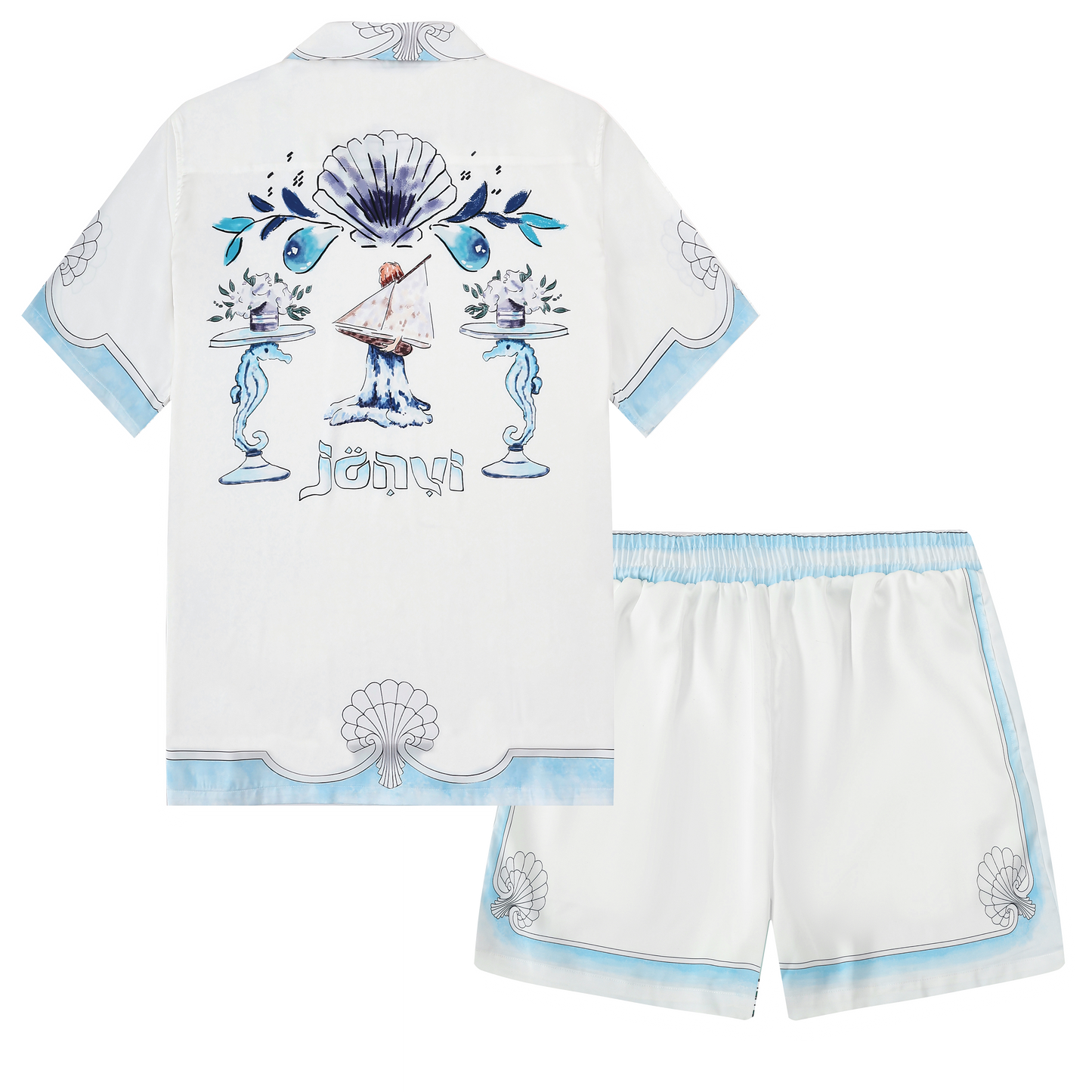 Blue Shell Pattern Silk Fiber Waistband Shorts