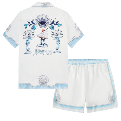 Blue Shell Pattern Silk Fiber Waistband Shorts