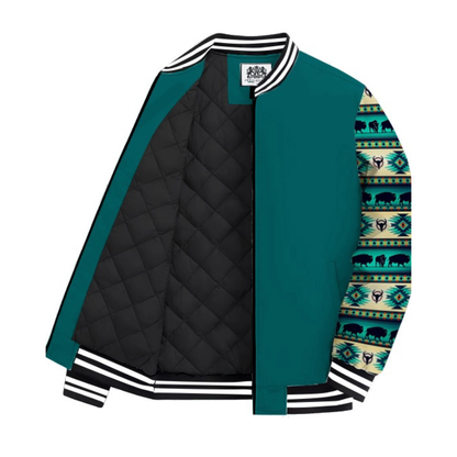 Teal Native American Style Bison Totem Paneled Bomber Jacket
