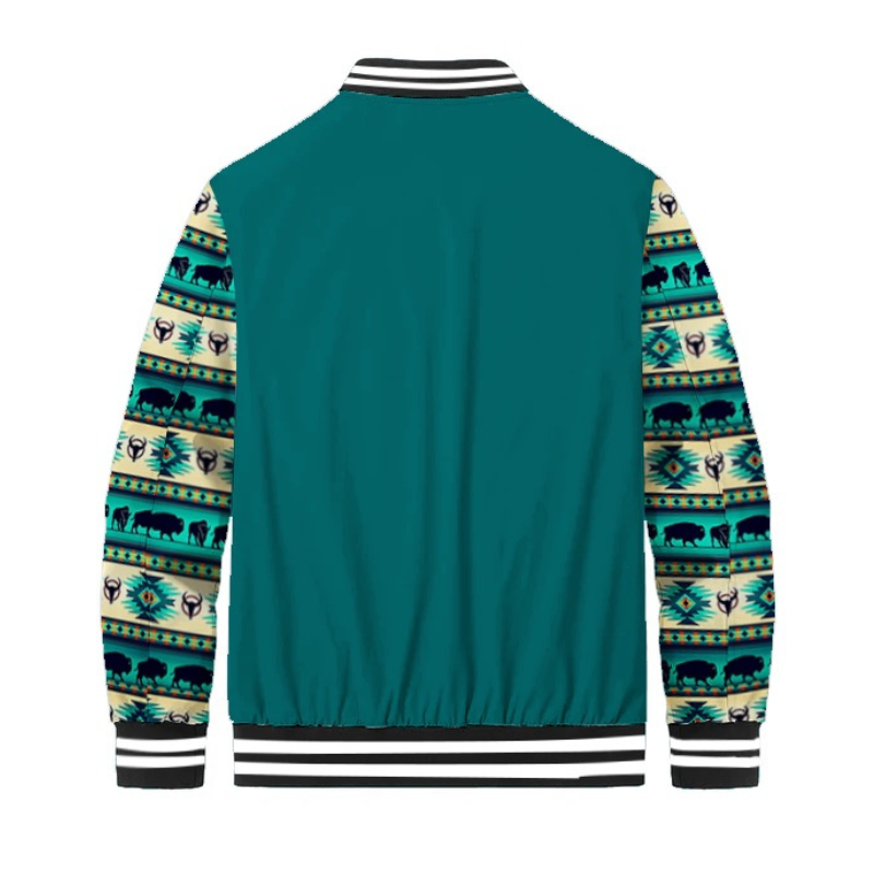Teal Native American Style Bison Totem Paneled Bomber Jacket