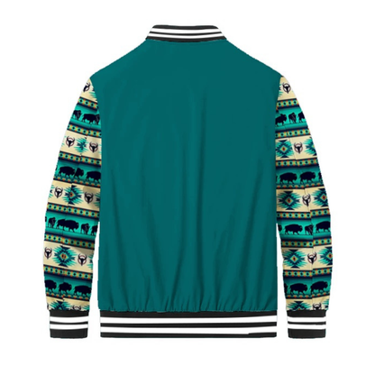 Teal Native American Style Bison Totem Paneled Bomber Jacket