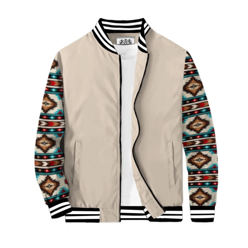 Khaki Native American Style Geometric Totem Paneled Bomber Jacket