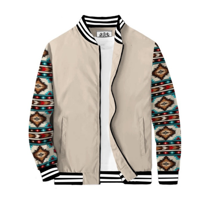 Khaki Native American Style Geometric Totem Paneled Bomber Jacket