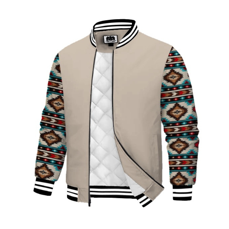 Khaki Native American Style Geometric Totem Paneled Bomber Jacket
