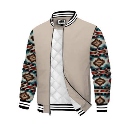 Khaki Native American Style Geometric Totem Paneled Bomber Jacket