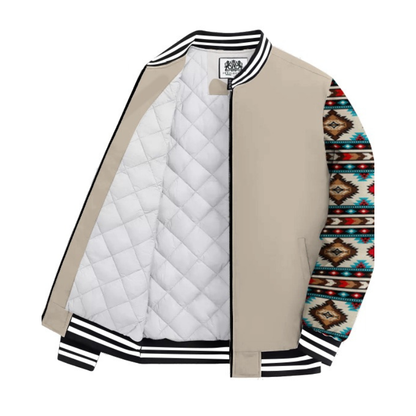 Khaki Native American Style Geometric Totem Paneled Bomber Jacket