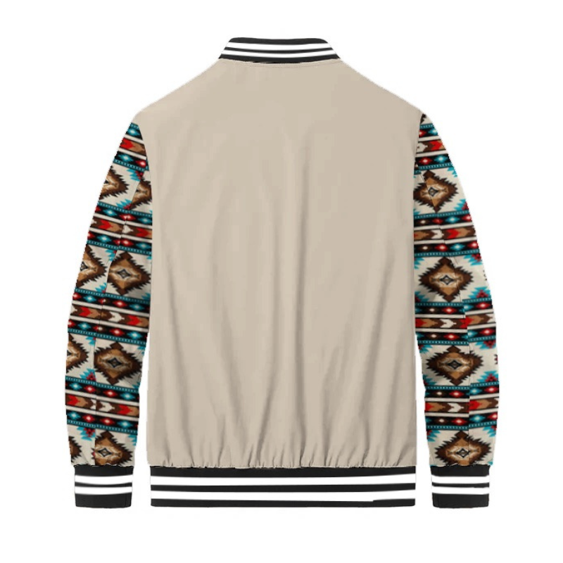 Khaki Native American Style Geometric Totem Paneled Bomber Jacket