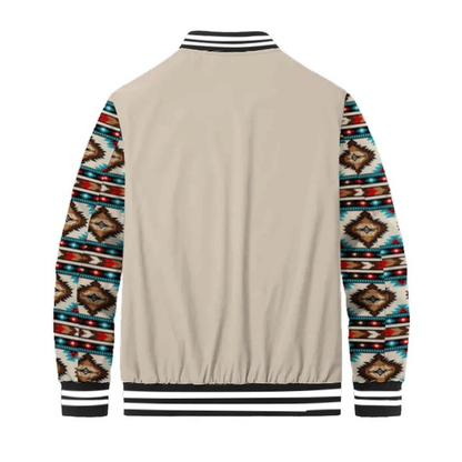 Khaki Native American Style Geometric Totem Paneled Bomber Jacket
