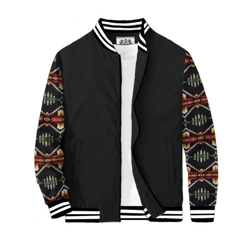 Black Native American Style Geometric Totem Paneled Bomber Jacket