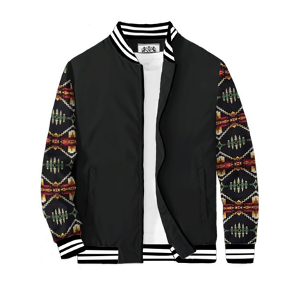 Black Native American Style Geometric Totem Paneled Bomber Jacket
