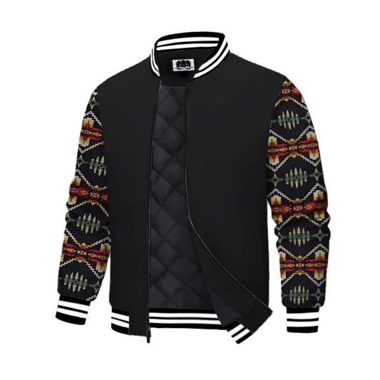 Black Native American Style Geometric Totem Paneled Bomber Jacket