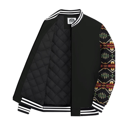 Black Native American Style Geometric Totem Paneled Bomber Jacket