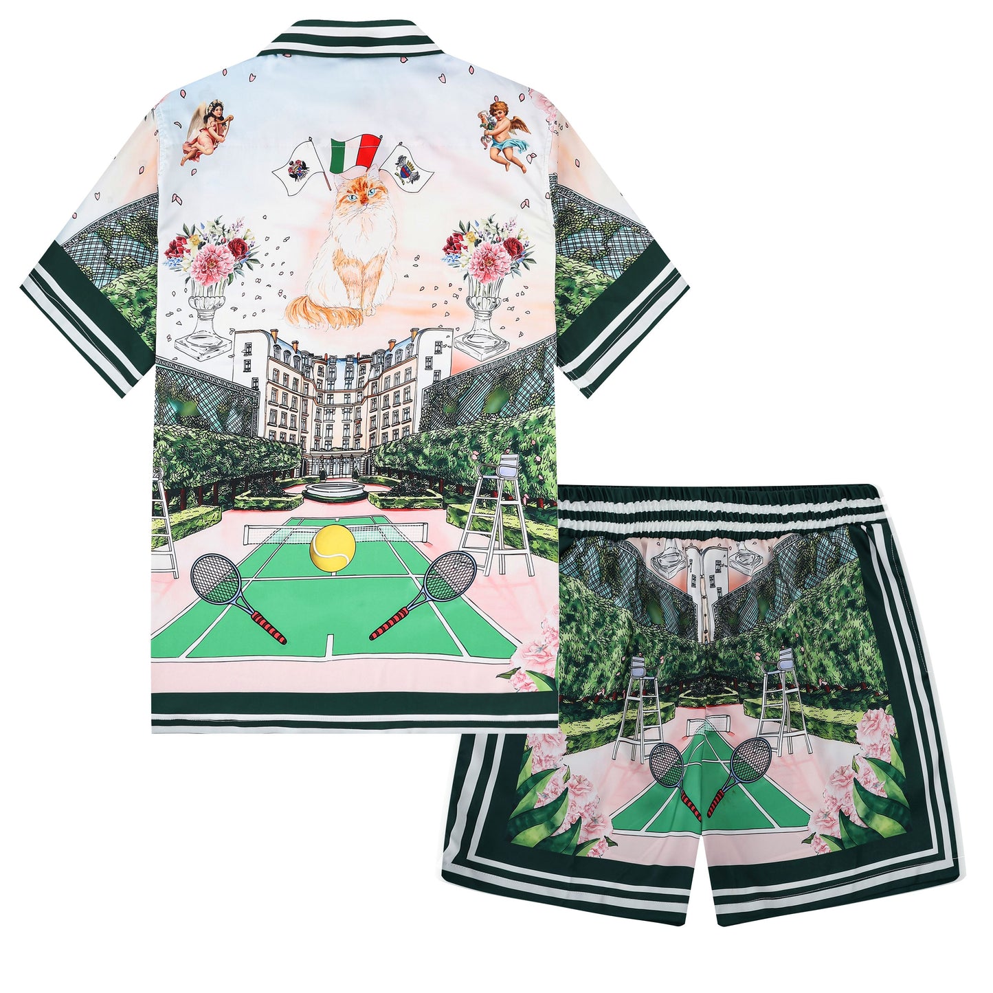 Tennis Court Cat Pattern Silk Fiber Waistband Shorts