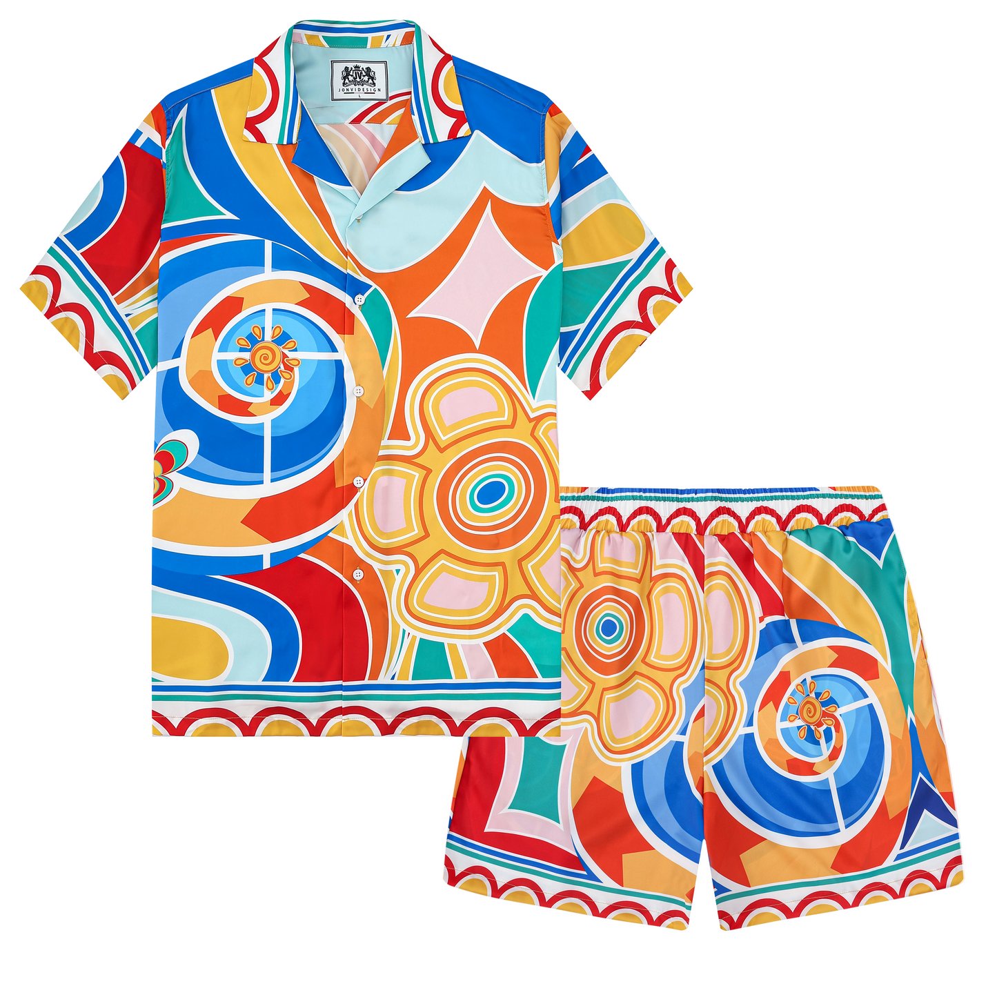 Multicolor Printed Silk Fiber Short Sleeve Camp Collar Shirt