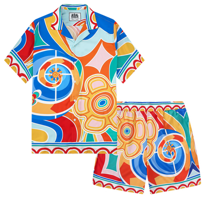 Multicolor Printed Silk Fiber Short Sleeve Camp Collar Shirt